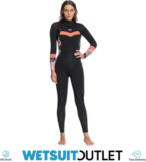 2021 Roxy Womens Syncro 3/2mm Chest Zip Wetsuit ERJW103053 - Black / Bright  Coral